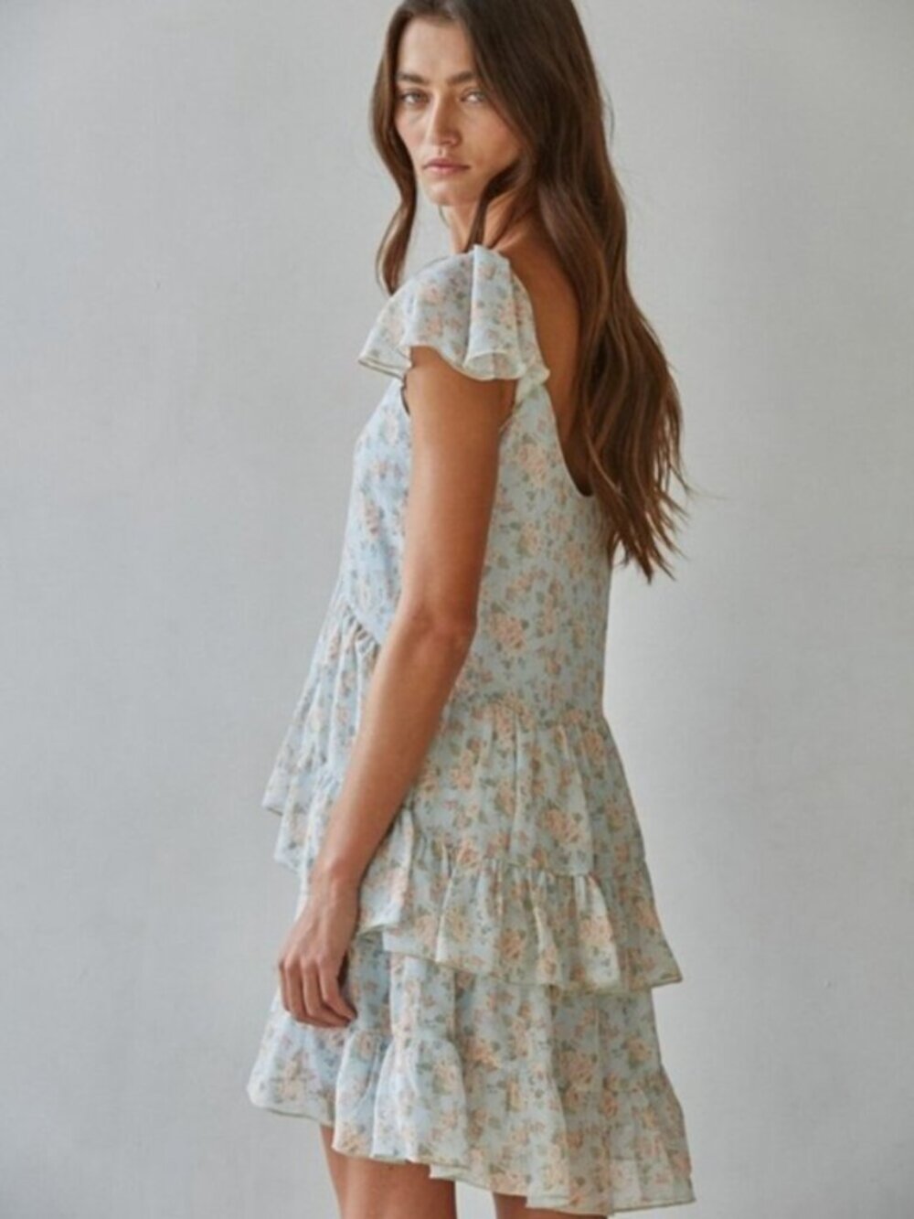 BY TOGETHER Cap Sleeve Tiered Floral Print High Low Mini Dress Blue Size S NWT - Picture 4 of 4